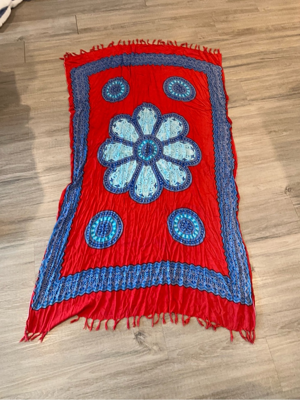 Red Scarf/Shawl with Blue Floral Medallion